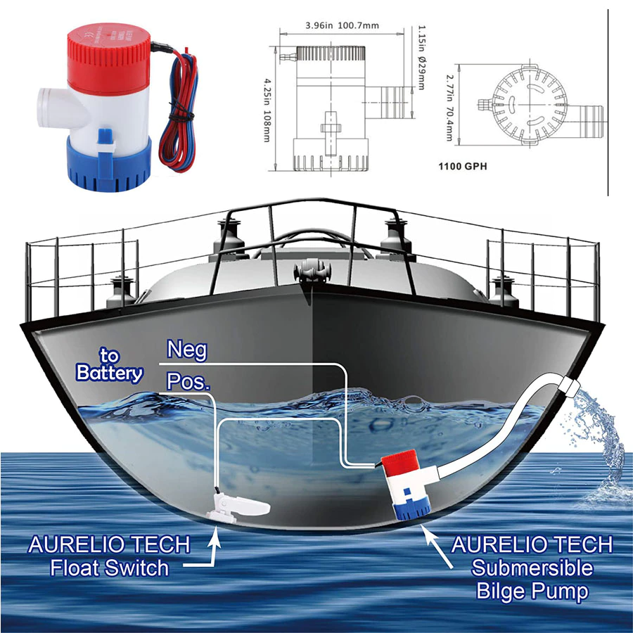 1100GPH 12V Electric Marine Submersible Bilge Sump Water Pump For Boat