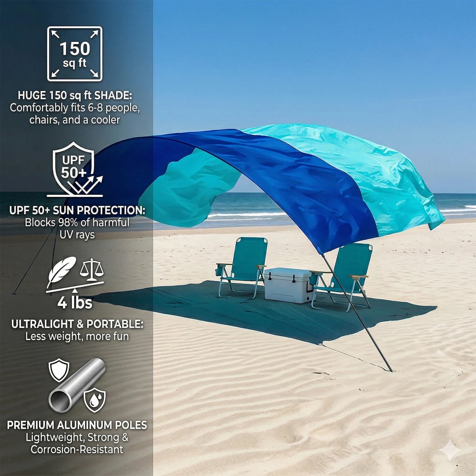 Wind-Resistant Beach Shade Tent 150 sq ft 