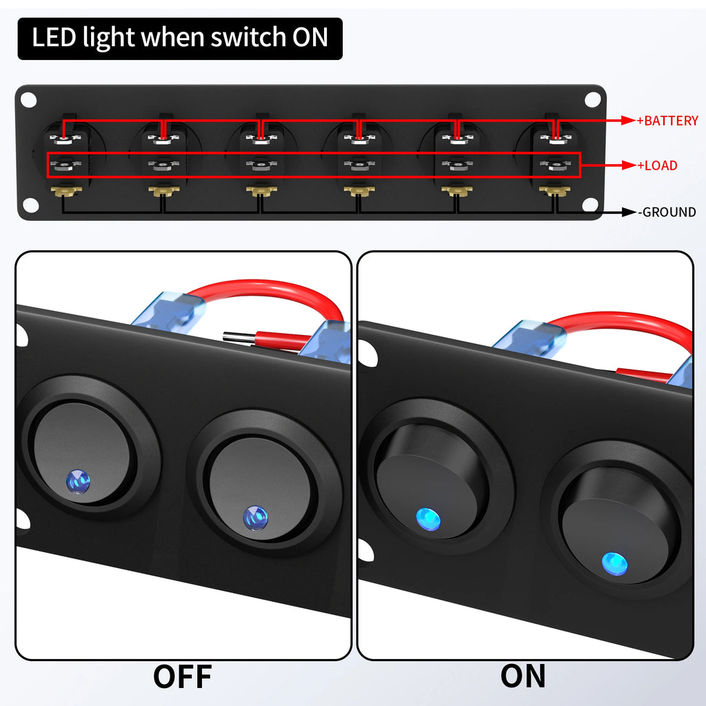 DaierTek 6 Gang Switch Panel 12V Rocker LED Switch Panel 3 Pin 12 VDC