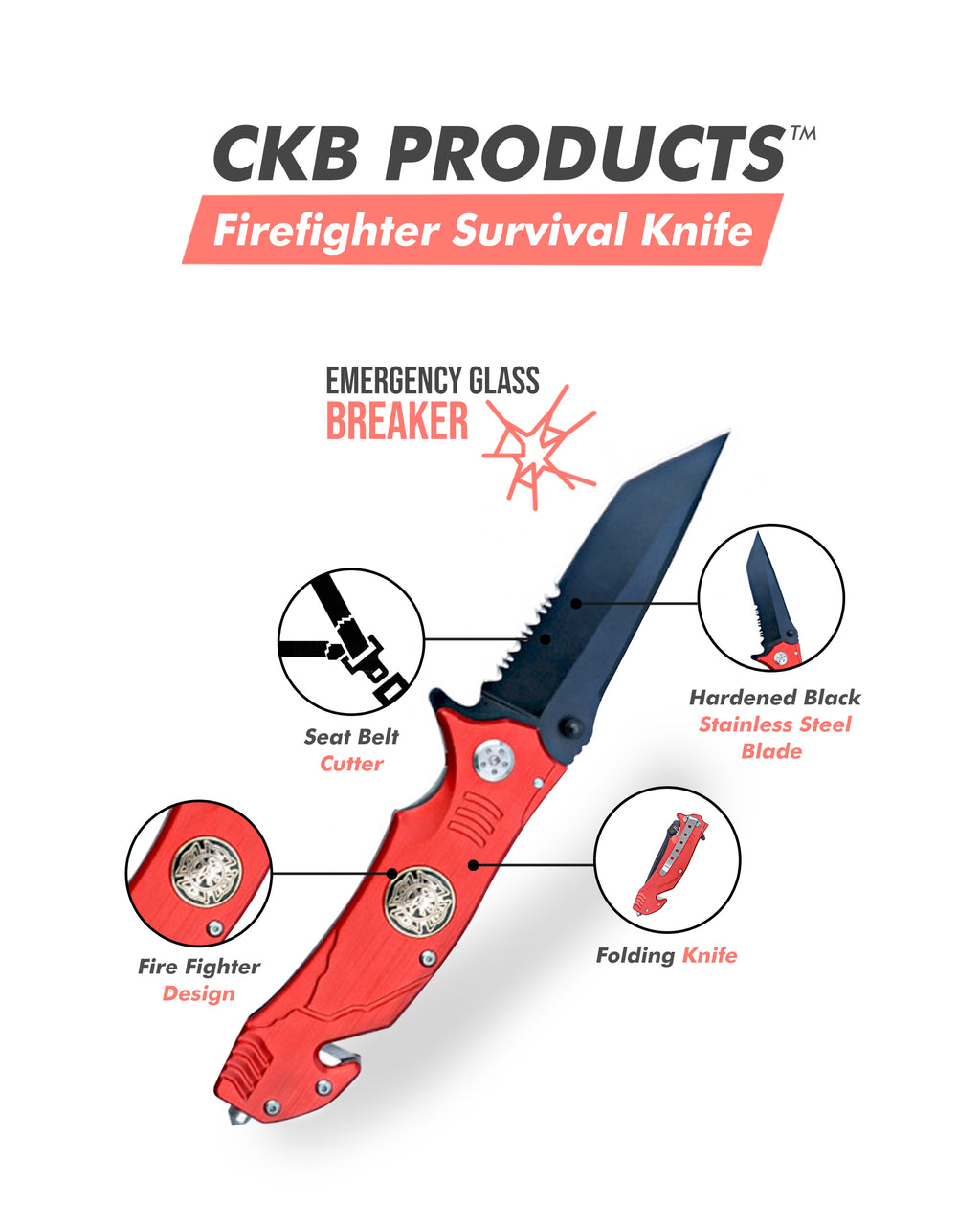 Folding Knife - Firefighter Design - 3" Black Steel Blade