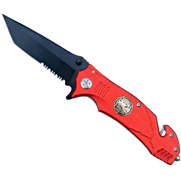 Folding Knife - Firefighter Design - 3" Black Steel Blade